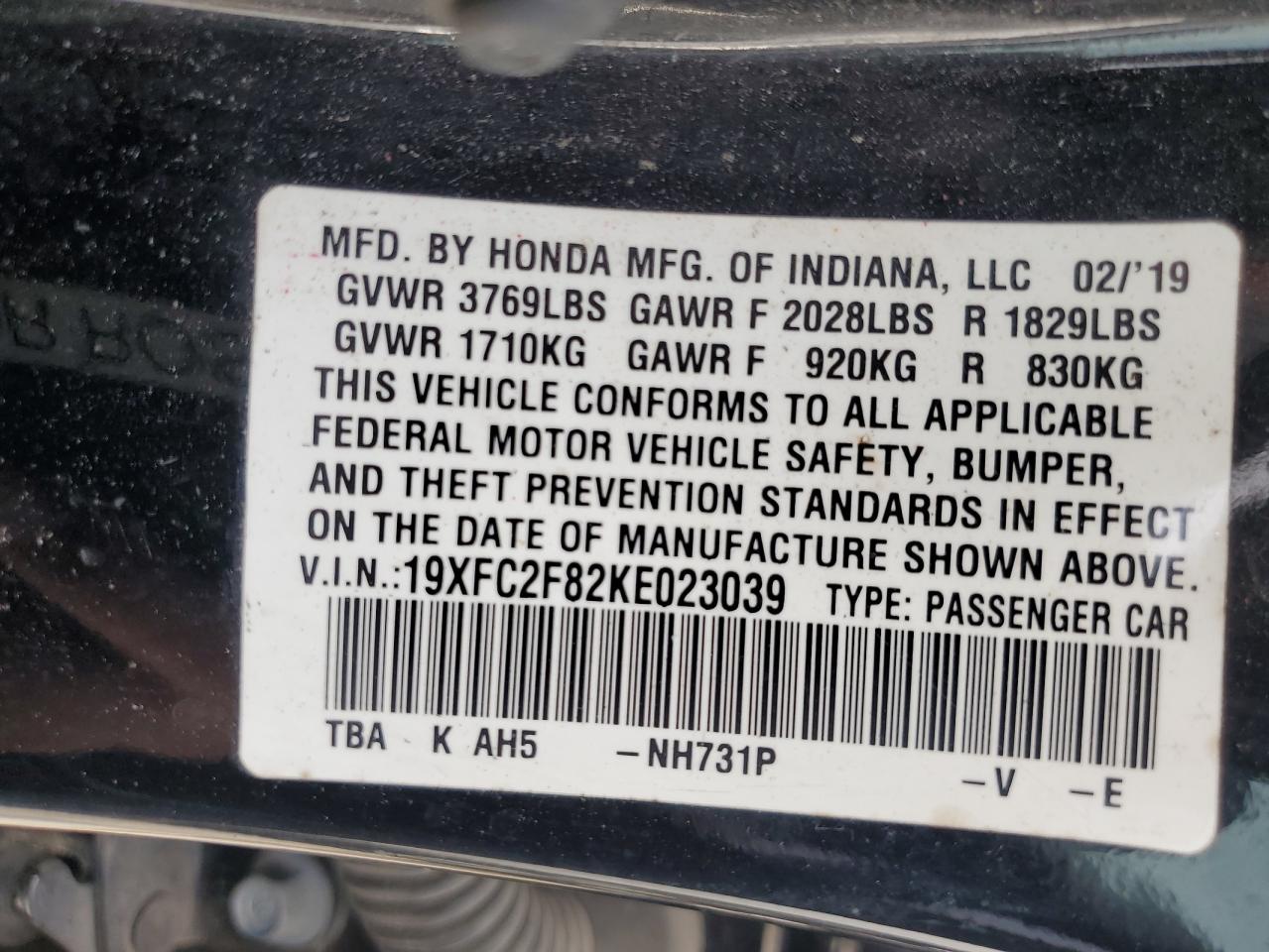 2019 Honda Civic Sport VIN: 19XFC2F82KE023039 Lot: 63048655