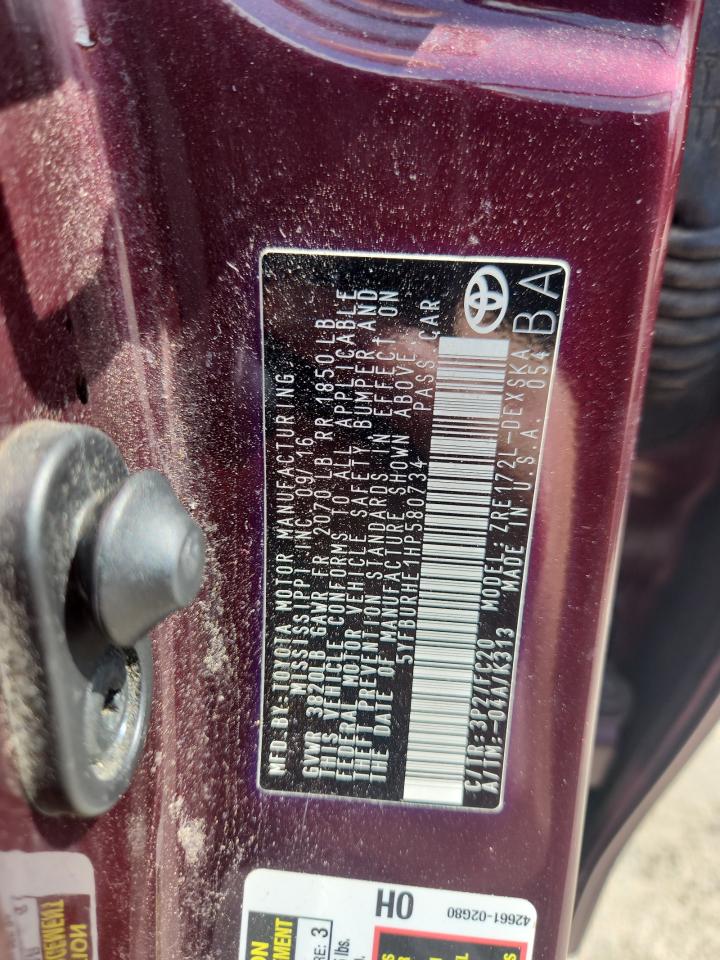2017 Toyota Corolla L VIN: 5YFBURHE1HP580734 Lot: 65217935