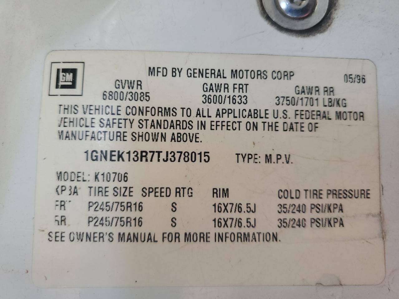 1996 Chevrolet Tahoe K1500 VIN: 1GNEK13R7TJ378015 Lot: 65633895