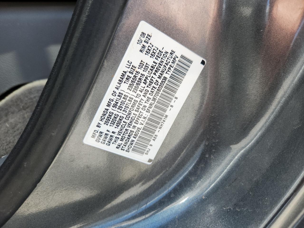 2009 Honda Odyssey Exl VIN: 5FNRL38709B020538 Lot: 62008705