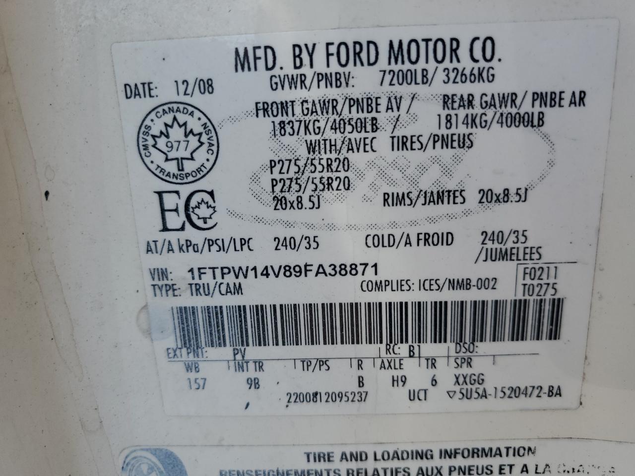 2009 Ford F150 Supercrew VIN: 1FTPW14V89FA38871 Lot: 65559685