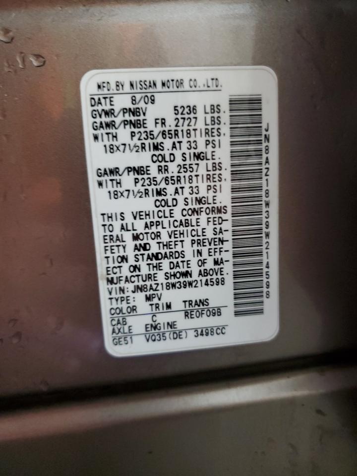 2009 Nissan Murano S VIN: JN8AZ18W39W214598 Lot: 65341895
