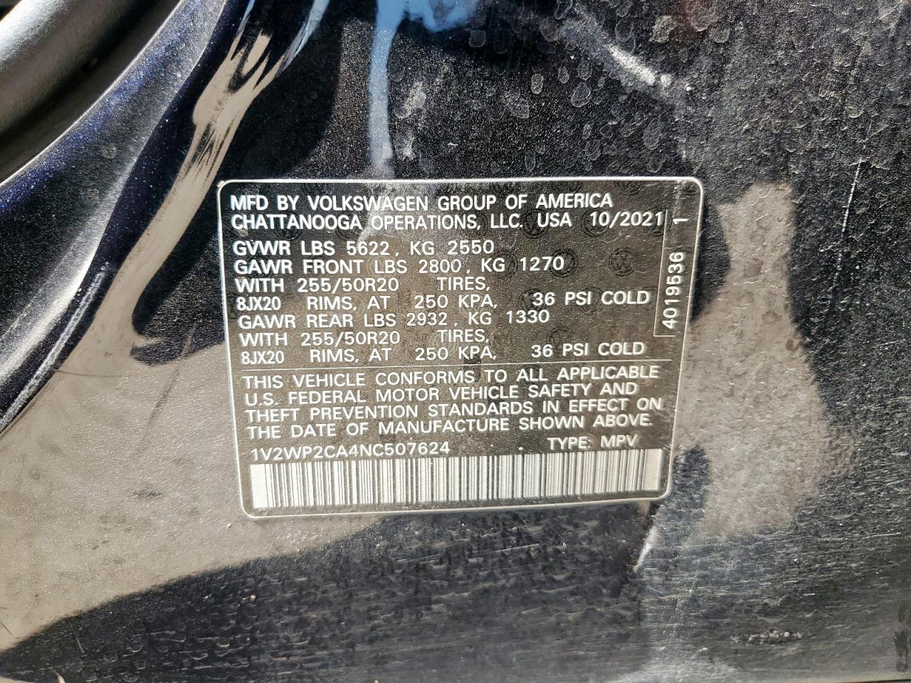 2022 Volkswagen Atlas Se VIN: 1V2WP2CA4NC507624 Lot: 64587155