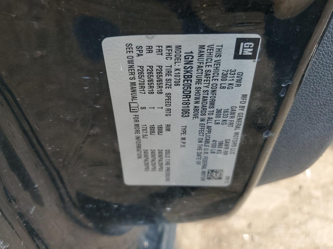 1GNSKBE05DR181063 2013 Chevrolet Tahoe K1500 Lt