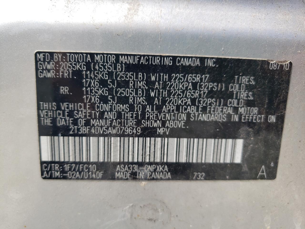 2010 Toyota Rav4 VIN: 2T3BF4DV5AW079649 Lot: 64286375