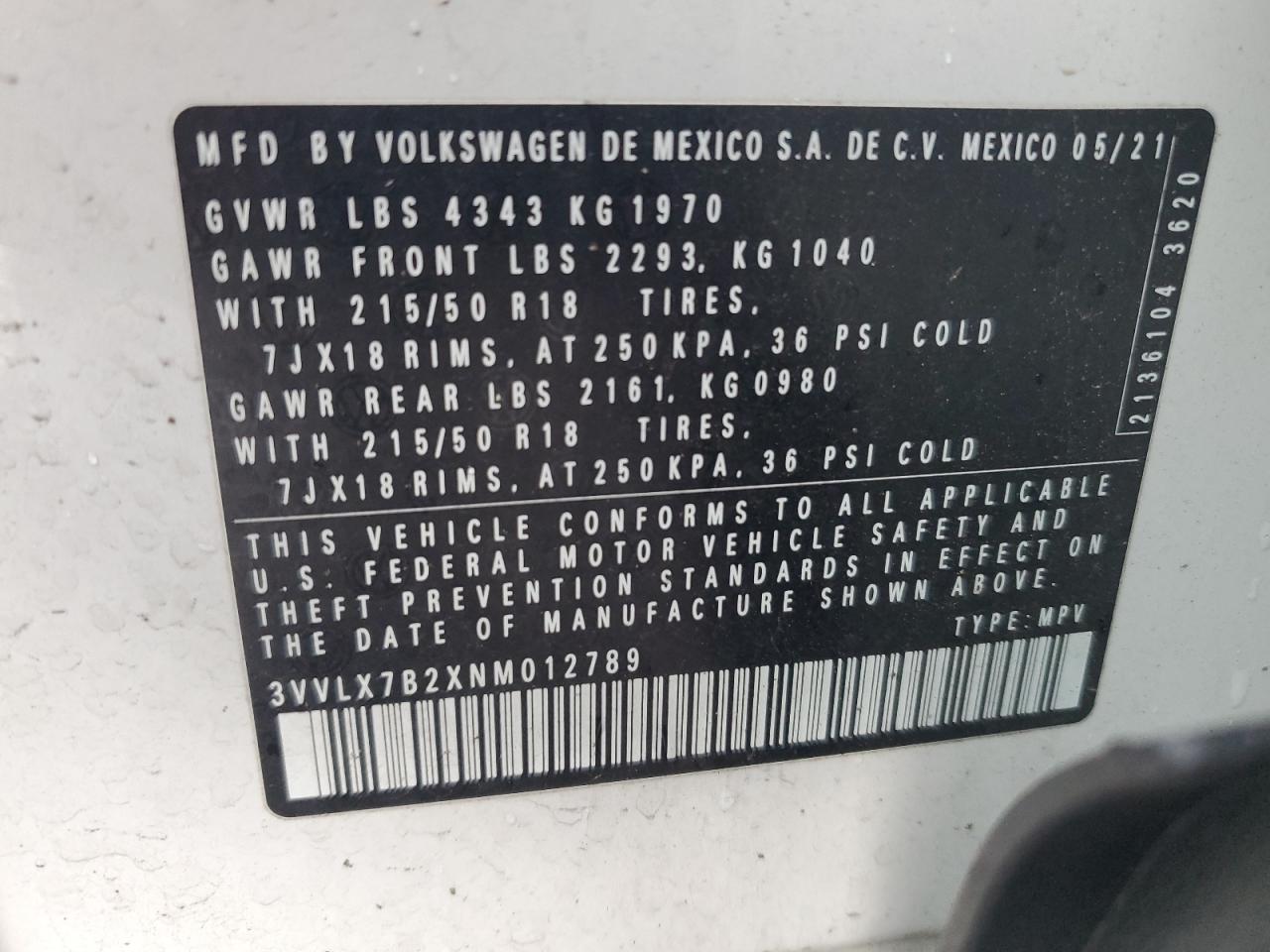 2022 Volkswagen Taos Se Iq Drive VIN: 3VVLX7B2XNM012789 Lot: 63559615