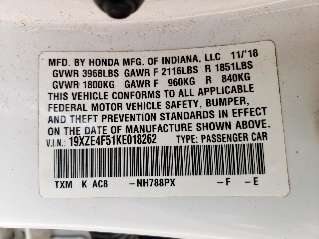 2019 Honda Insight Ex VIN: 19XZE4F51KE018262 Lot: 63631865