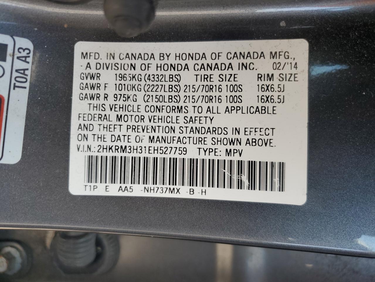 2014 Honda Cr-V Lx VIN: 2HKRM3H31EH527759 Lot: 64748885