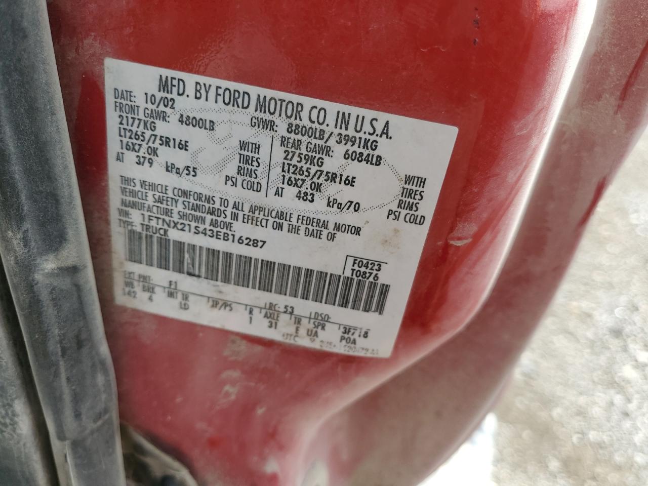 2003 F F250 Super Duty VIN: 1FTNX21S43EB16287 Lot: 64448705