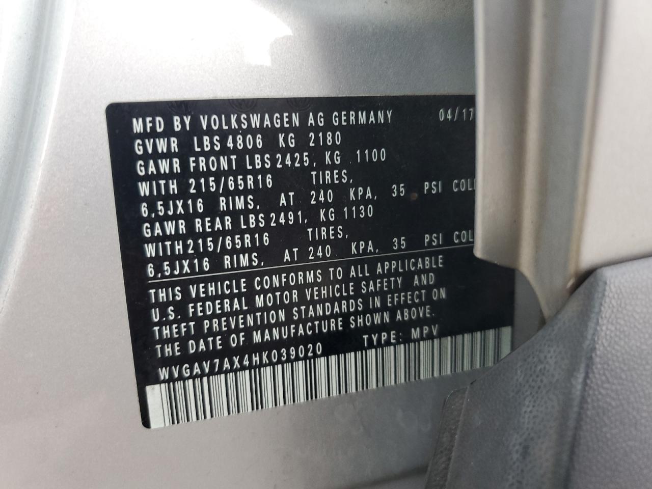 2017 Volkswagen Tiguan S VIN: WVGAV7AX4HK039020 Lot: 66336735
