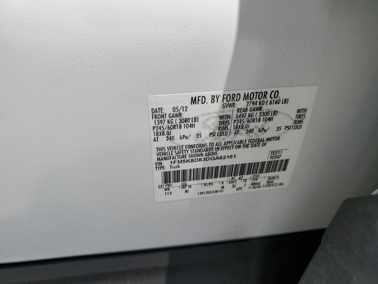 2013 Ford Explorer Xlt VIN: 1FM5K8D83DGA62161 Lot: 65211885