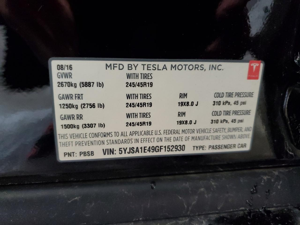 2016 Tesla Model S VIN: 5YJSA1E49GF152930 Lot: 62813715