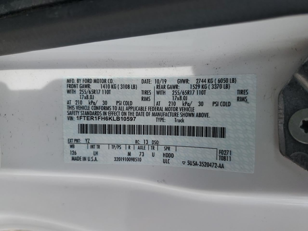 2019 Ford Ranger Xl VIN: 1FTER1FH6KLB10597 Lot: 63497625
