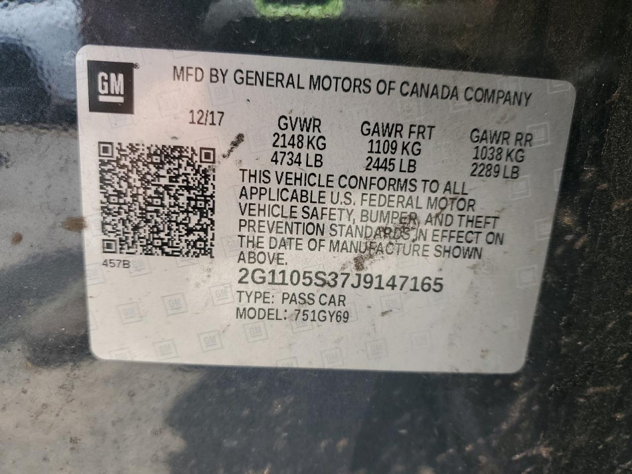 2018 Chevrolet Impala Lt VIN: 2G1105S37J9147165 Lot: 64440645