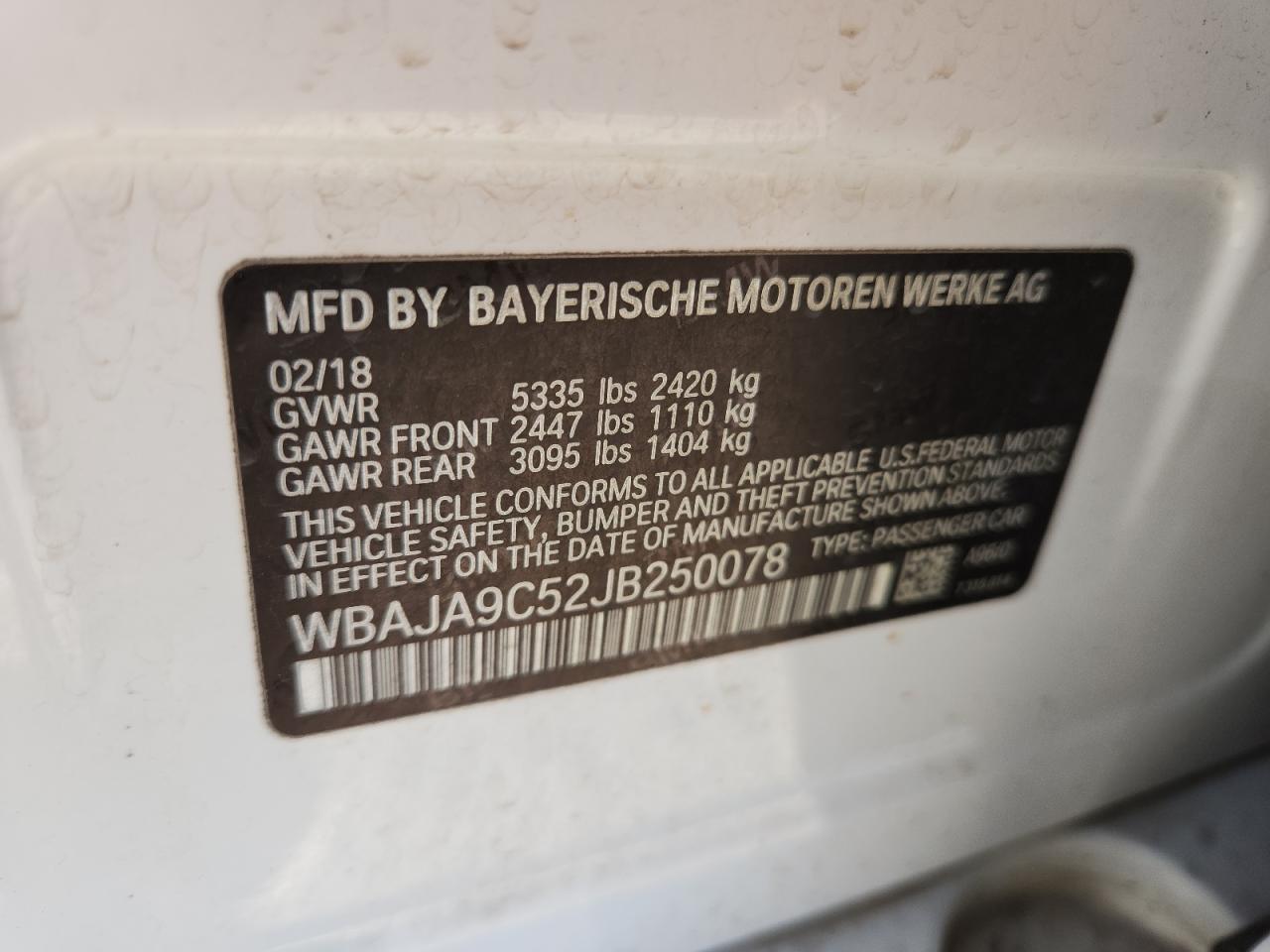 2018 BMW 530E VIN: WBAJA9C52JB250078 Lot: 64481565