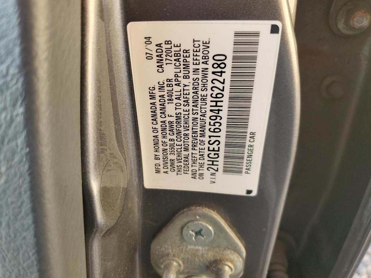2004 Honda Civic Lx VIN: 2HGES16594H622480 Lot: 63456685