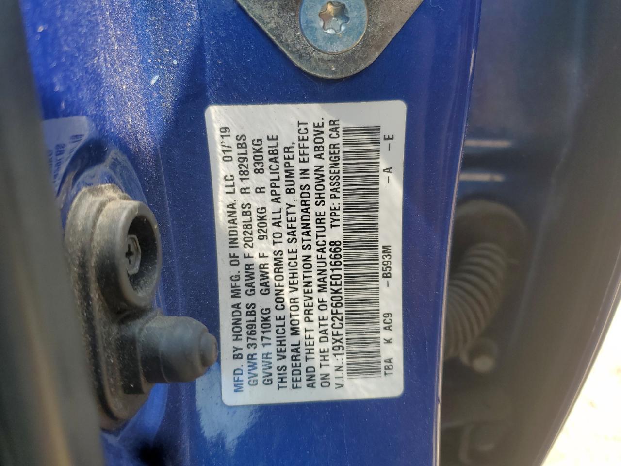 2019 Honda Civic Lx VIN: 19XFC2F60KE016668 Lot: 65340185