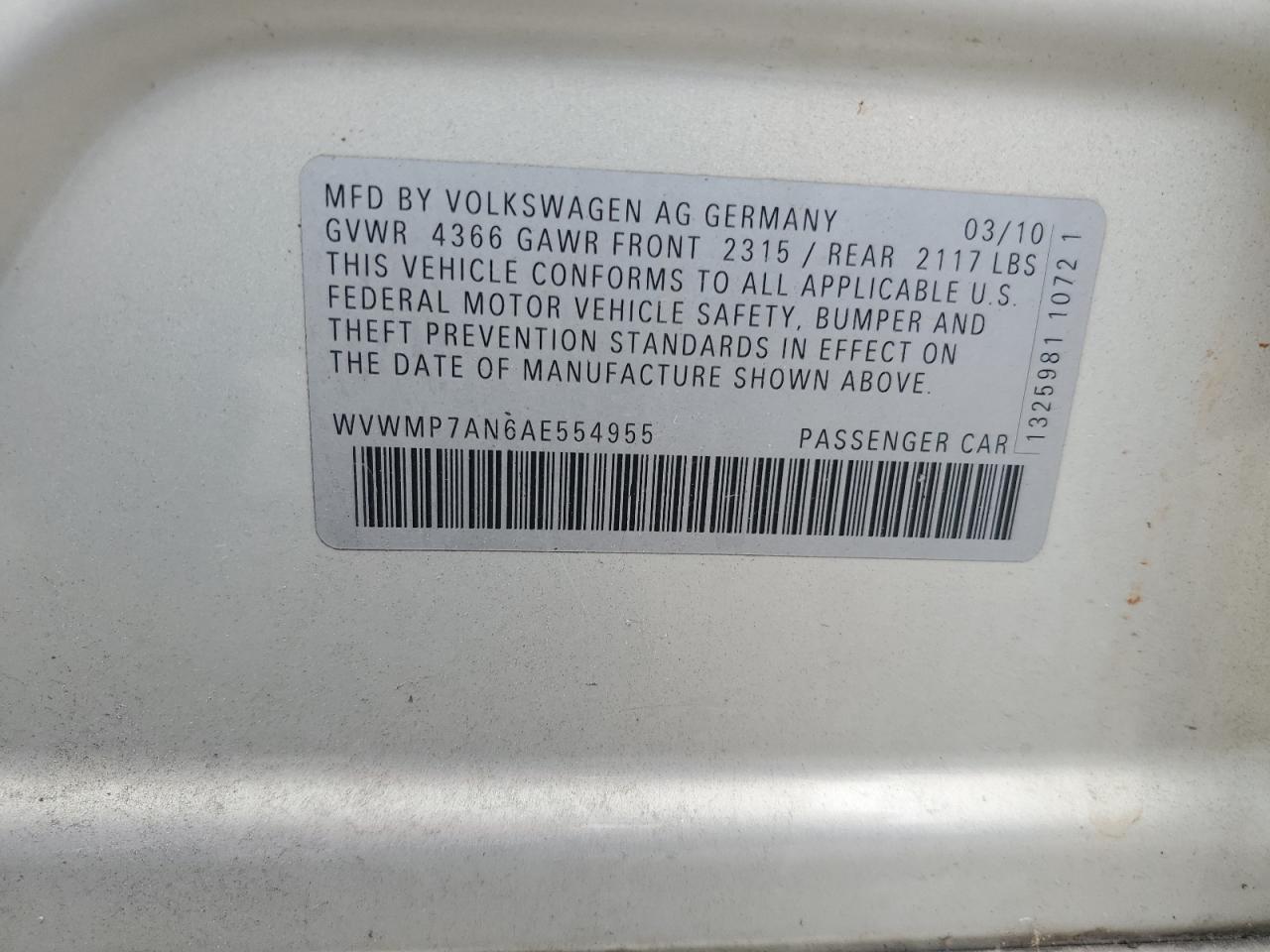 2010 Volkswagen Cc Sport VIN: WVWMP7AN6AE554955 Lot: 63506265