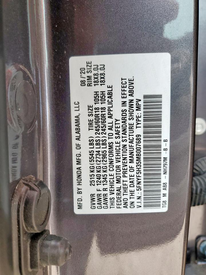 2021 Honda Pilot Ex VIN: 5FNYF5H35MB007689 Lot: 64137075