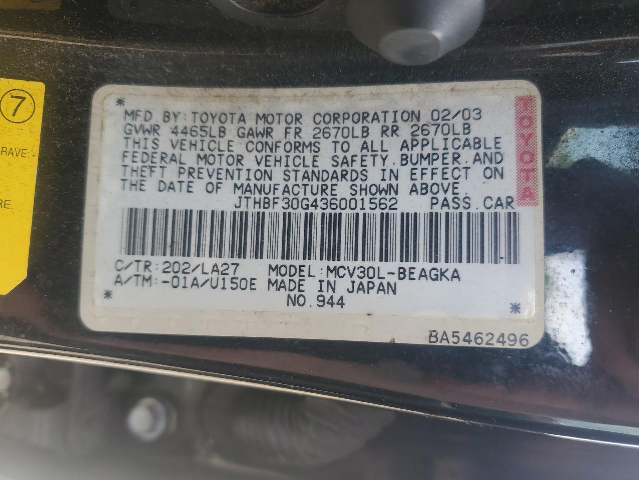 2003 Lexus Es 300 VIN: JTHBF30G436001562 Lot: 62664195