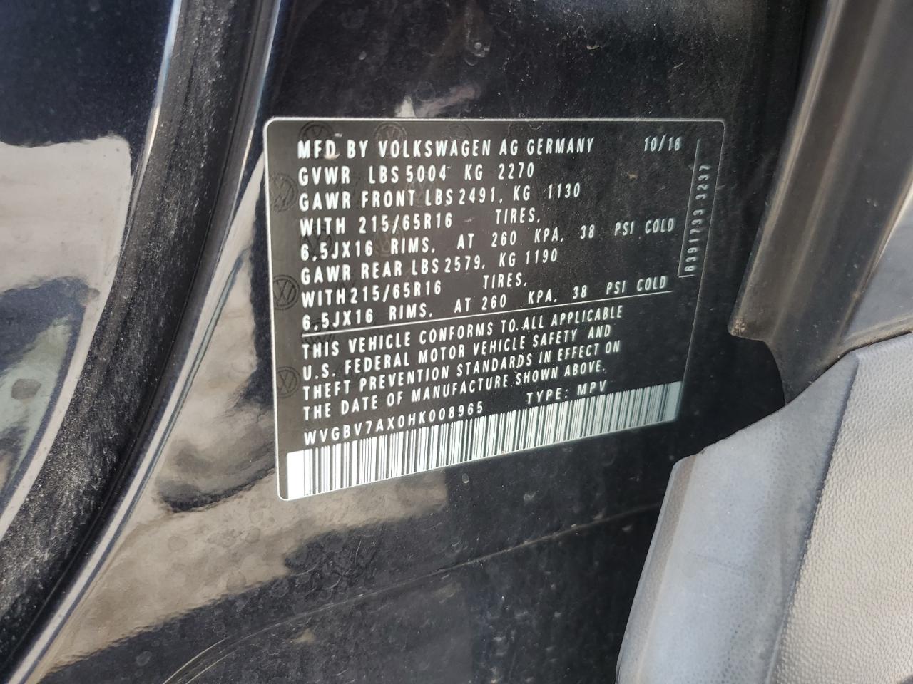 2017 Volkswagen Tiguan S VIN: WVGBV7AX0HK008965 Lot: 65137525