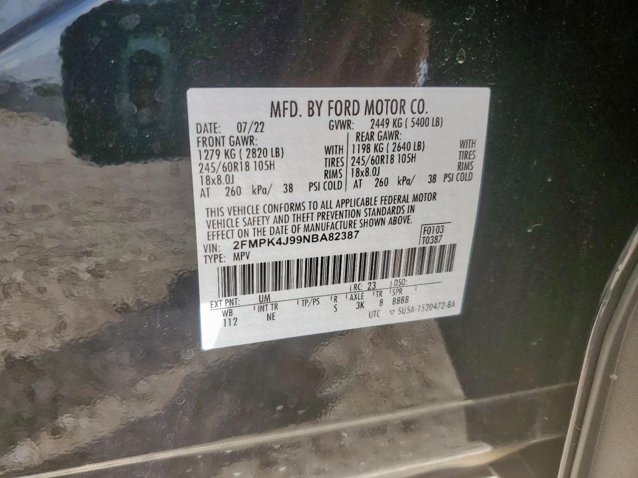 2022 Ford Edge Sel VIN: 2FMPK4J99NBA82387 Lot: 65265105