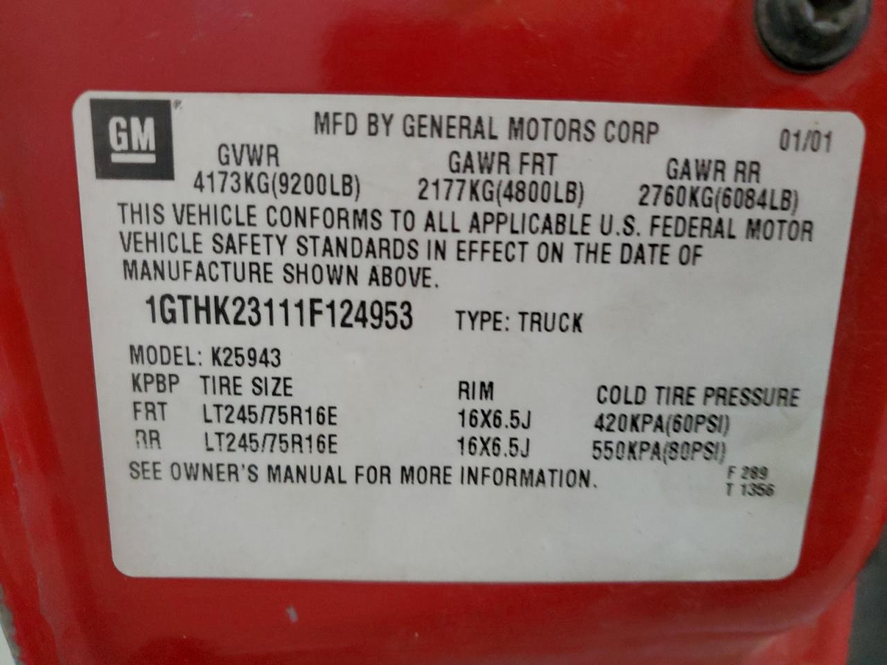 2001 GMC Sierra K2500 Heavy Duty VIN: 1GTHK23111F124953 Lot: 65202115