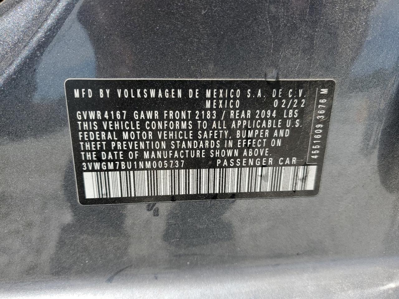2022 Volkswagen Jetta Sel VIN: 3VWGM7BU1NM005737 Lot: 64416285