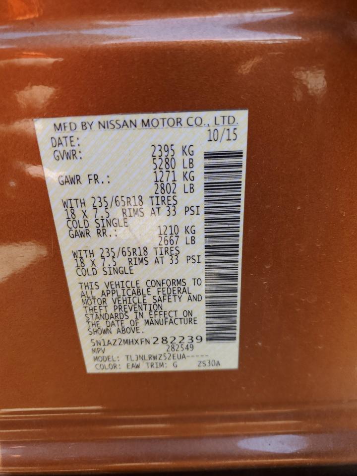 2015 Nissan Murano S VIN: 5N1AZ2MHXFN282239 Lot: 62960725