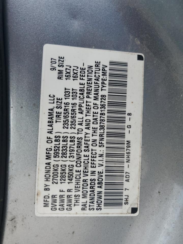 2007 Honda Odyssey Exl VIN: 5FNRL38787B136728 Lot: 64461095