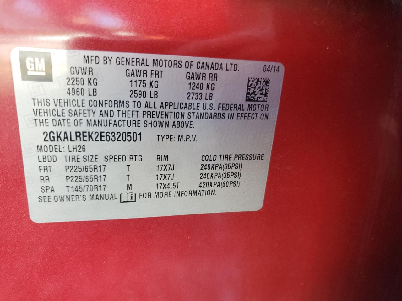 2gkalrek2e6320501 2GKALREK2E6320501 2014 GMC Terrain Sle