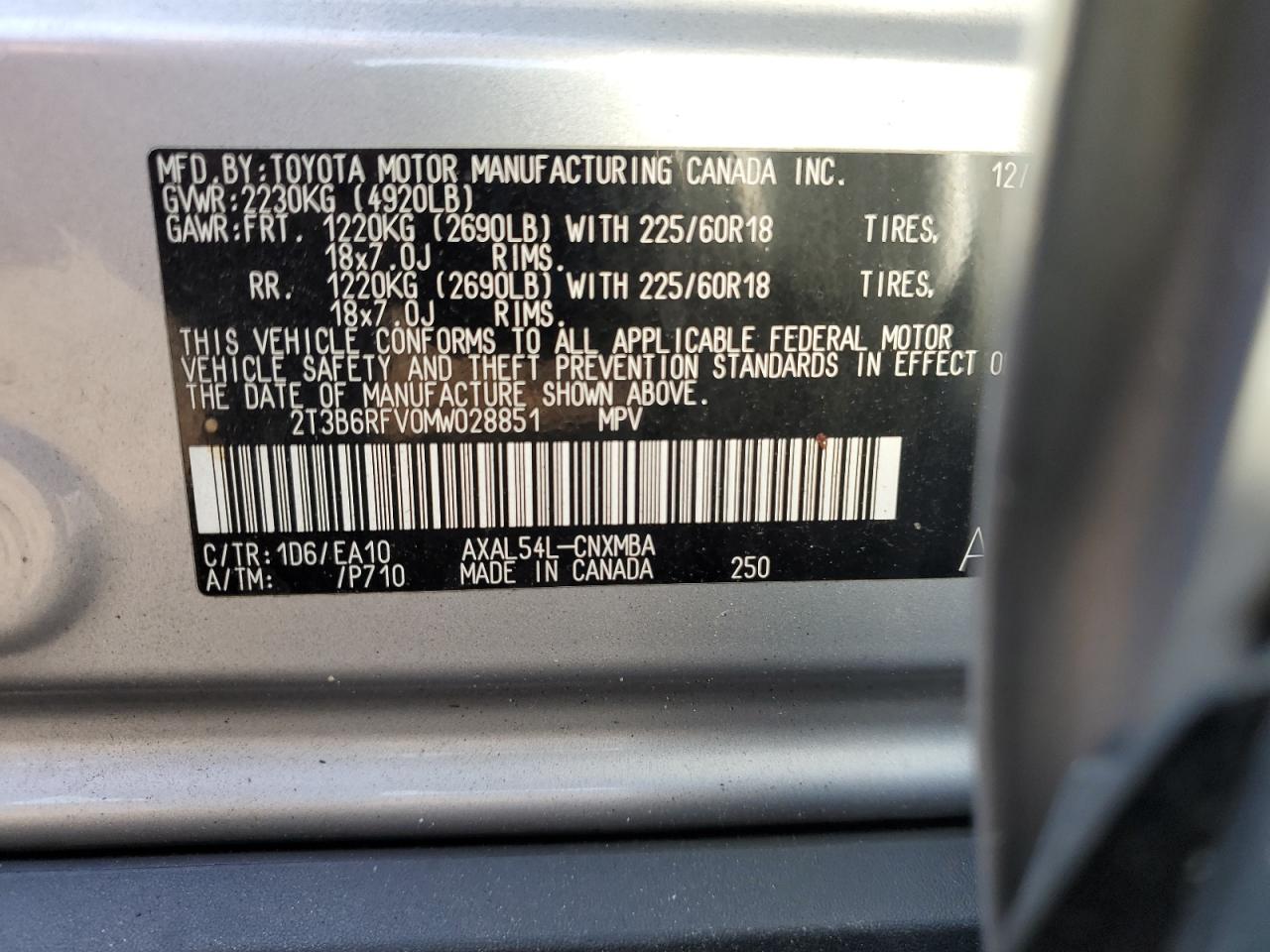 2021 Toyota Rav4 Xle Premium VIN: 2T3B6RFV0MW028851 Lot: 63575375