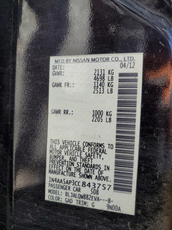 2012 Nissan Maxima S VIN: 1N4AA5AP3CC843757 Lot: 63345735