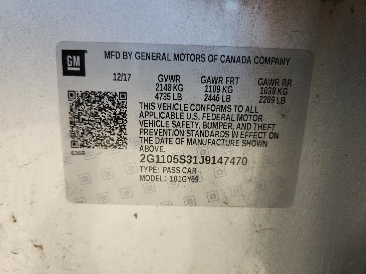 2018 Chevrolet Impala Lt VIN: 2G1105S31J9147470 Lot: 62888965