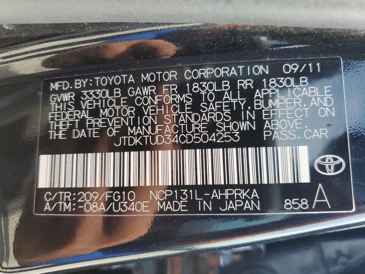 2012 Toyota Yaris VIN: JTDKTUD34CD504253 Lot: 66890135