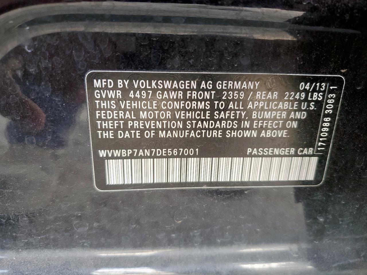 2013 Volkswagen Cc Sport VIN: WVWBP7AN7DE567001 Lot: 62668215