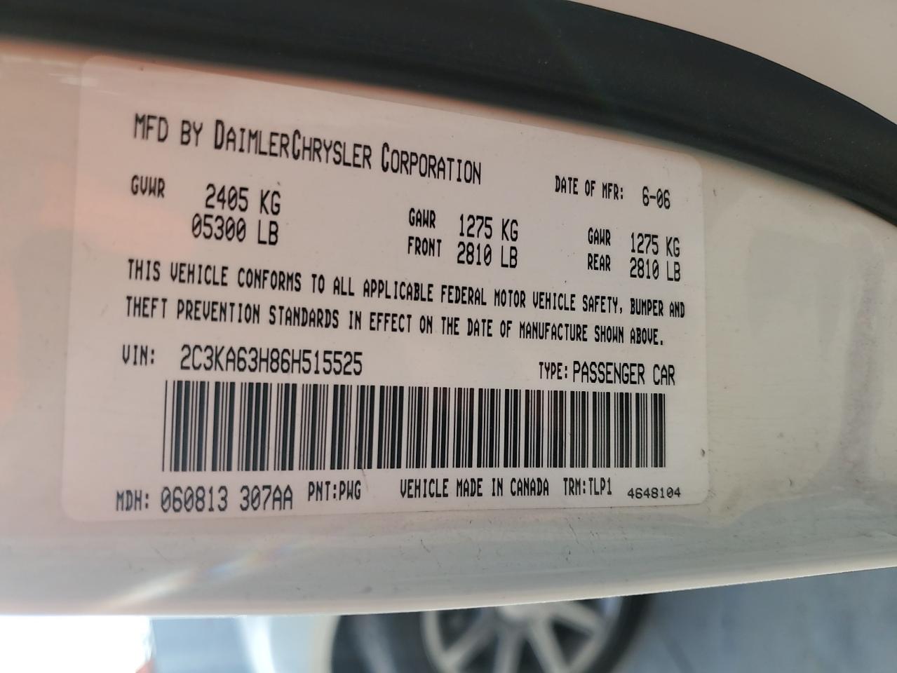 2006 Chrysler 300C VIN: 2C3KA63H86H515525 Lot: 63412015