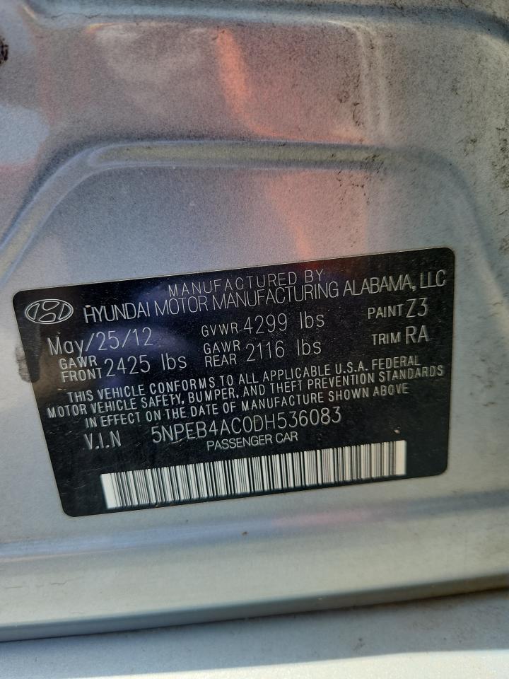 2013 Hyundai Sonata Gls VIN: 5NPEB4AC0DH536083 Lot: 63109295