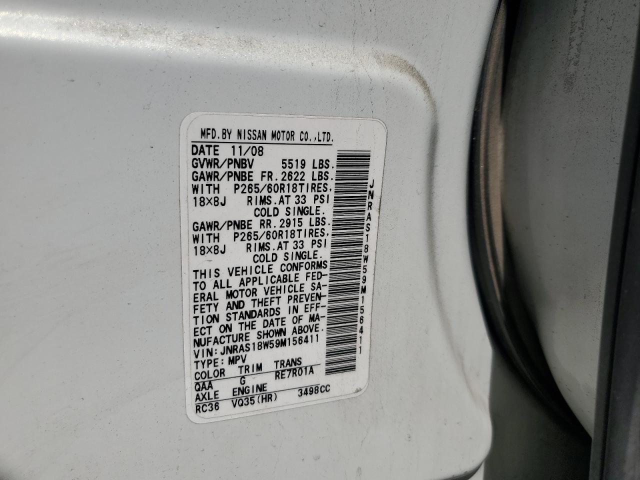 2009 Infiniti Fx35 VIN: JNRAS18W59M156411 Lot: 63025225