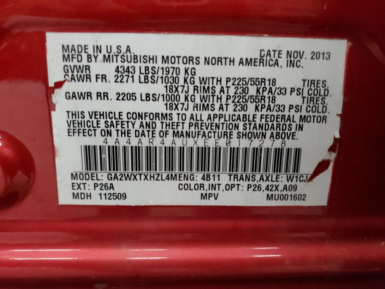 2014 Mitsubishi Outlander Sport Se VIN: 4A4AR4AUXEE017278 Lot: 65504685