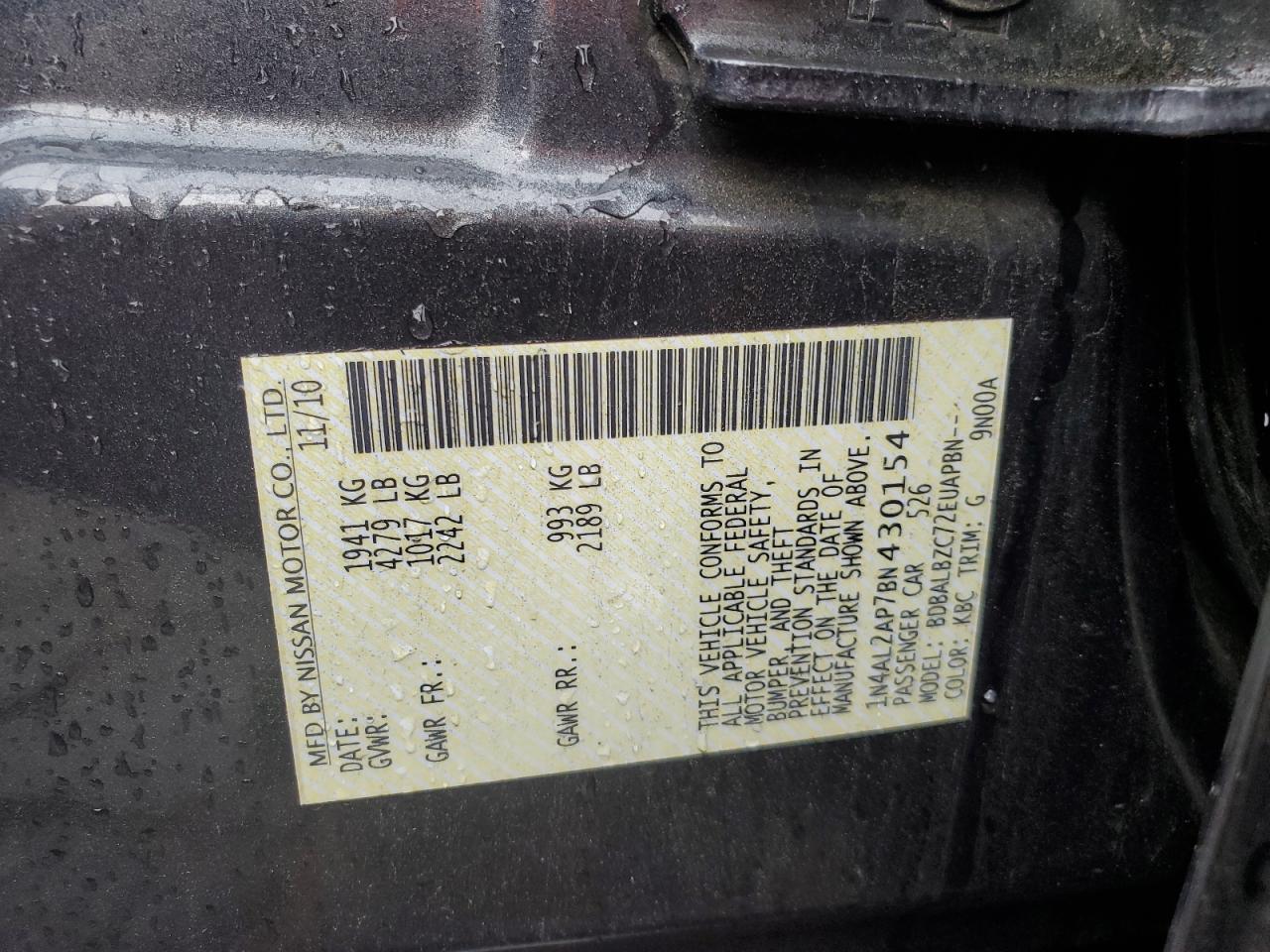 2011 Nissan Altima Base VIN: 1N4AL2AP7BN430154 Lot: 64241465