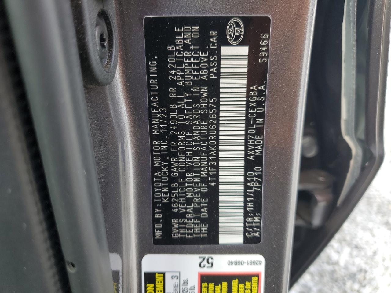 2024 Toyota Camry Xle VIN: 4T1F31AK0RU626575 Lot: 63676285