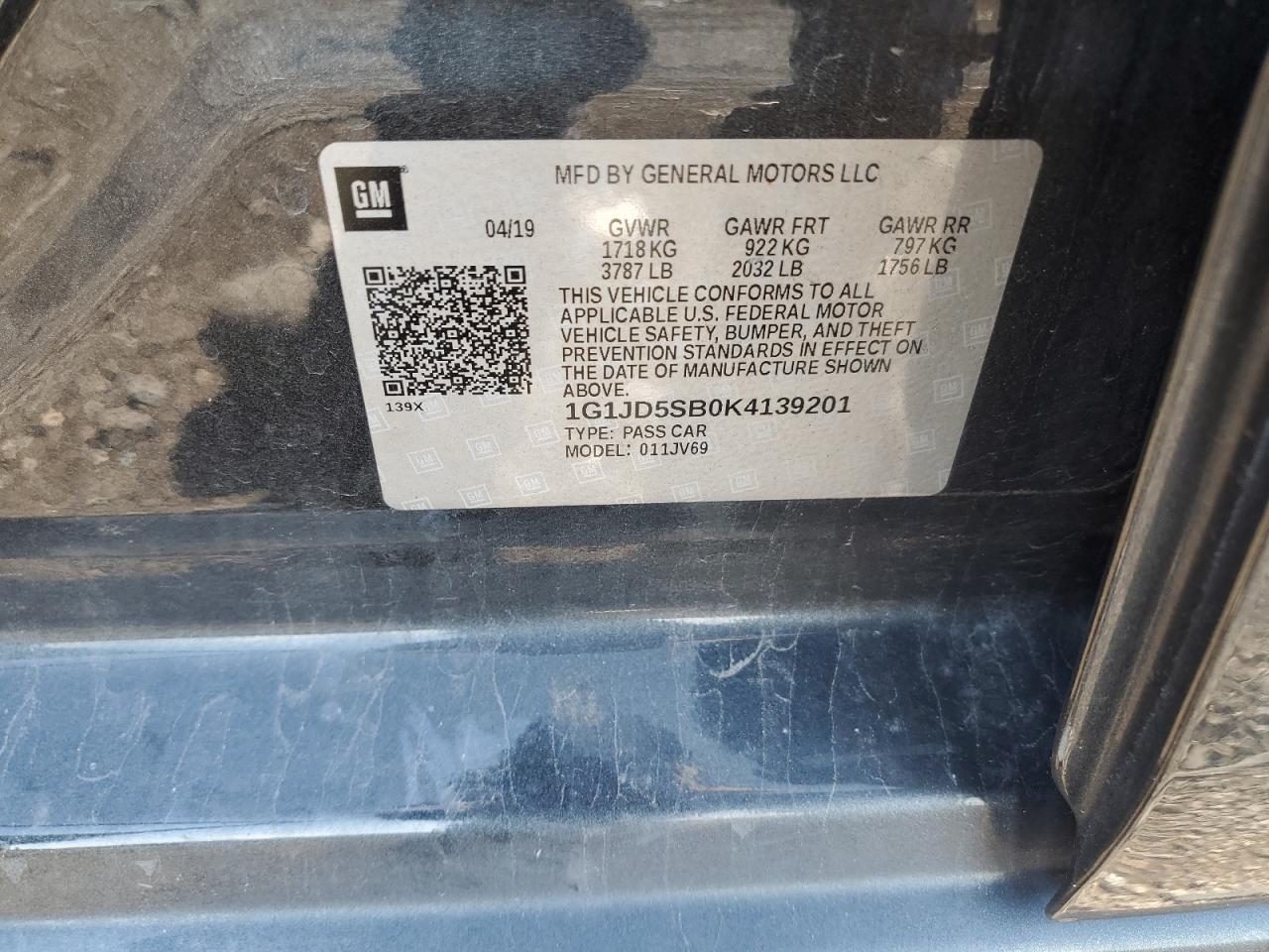 2019 Chevrolet Sonic Lt VIN: 1G1JD5SB0K4139201 Lot: 66671555