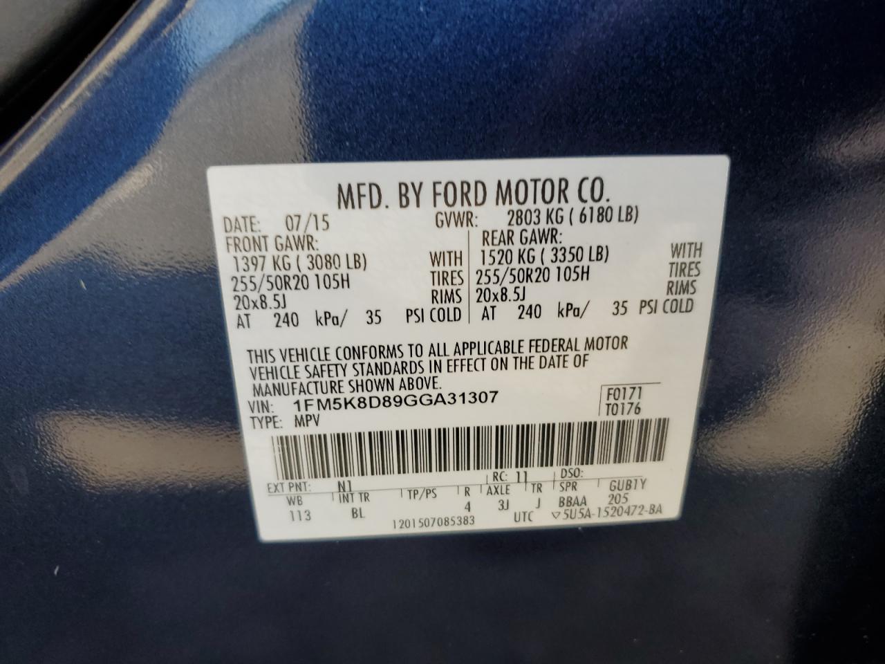 2016 Ford Explorer Xlt VIN: 1FM5K8D89GGA31307 Lot: 64999655