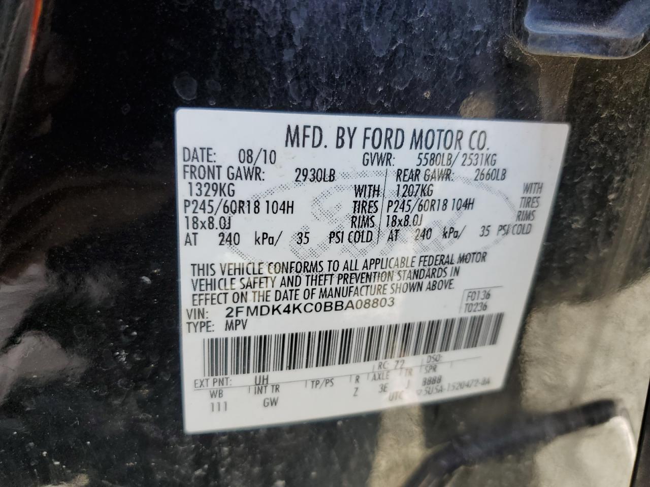 2011 Ford Edge Limited VIN: 2FMDK4KC0BBA08803 Lot: 65185435