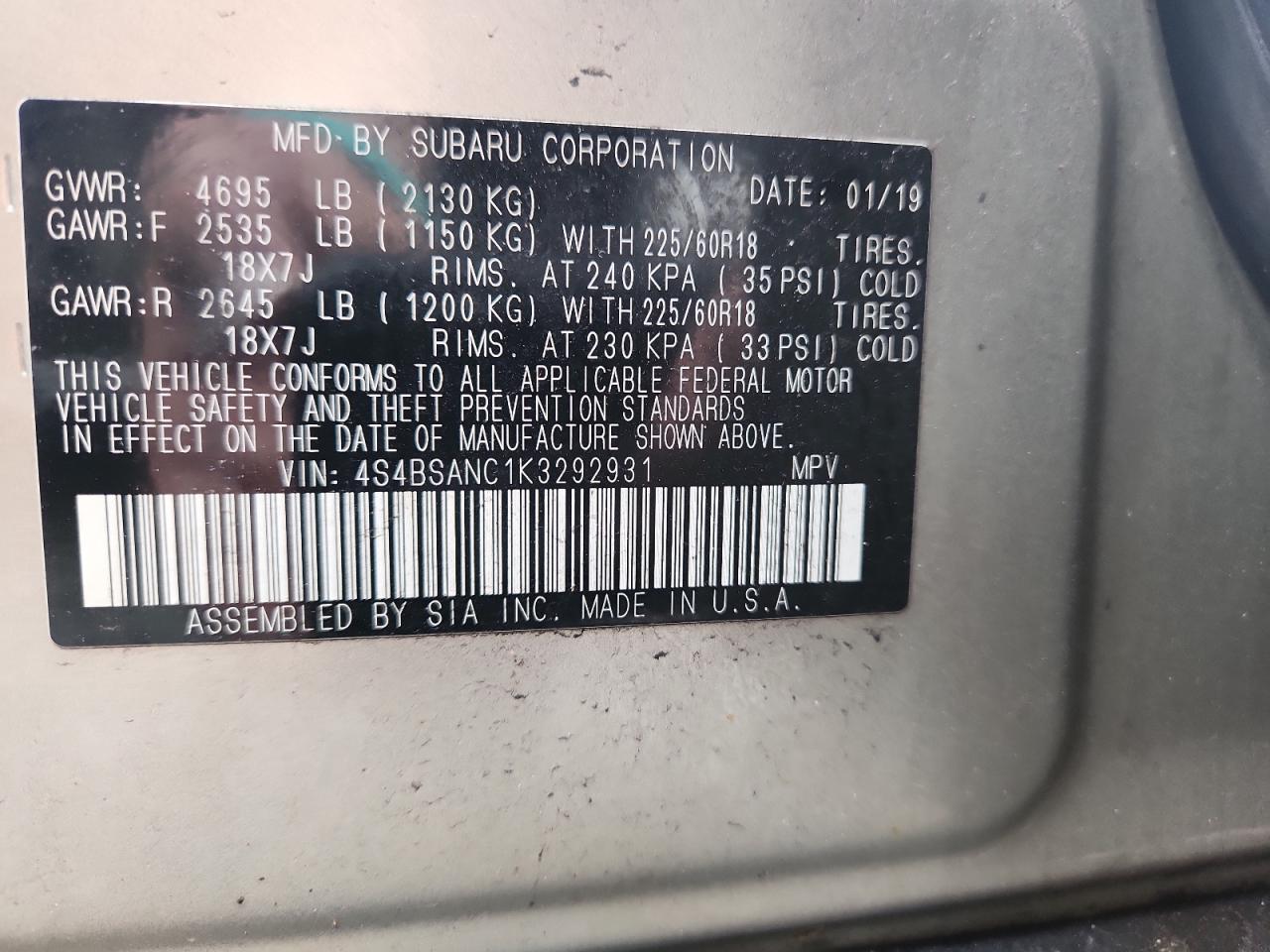 2019 Subaru Outback 2.5I Limited VIN: 4S4BSANC1K3292931 Lot: 62991605