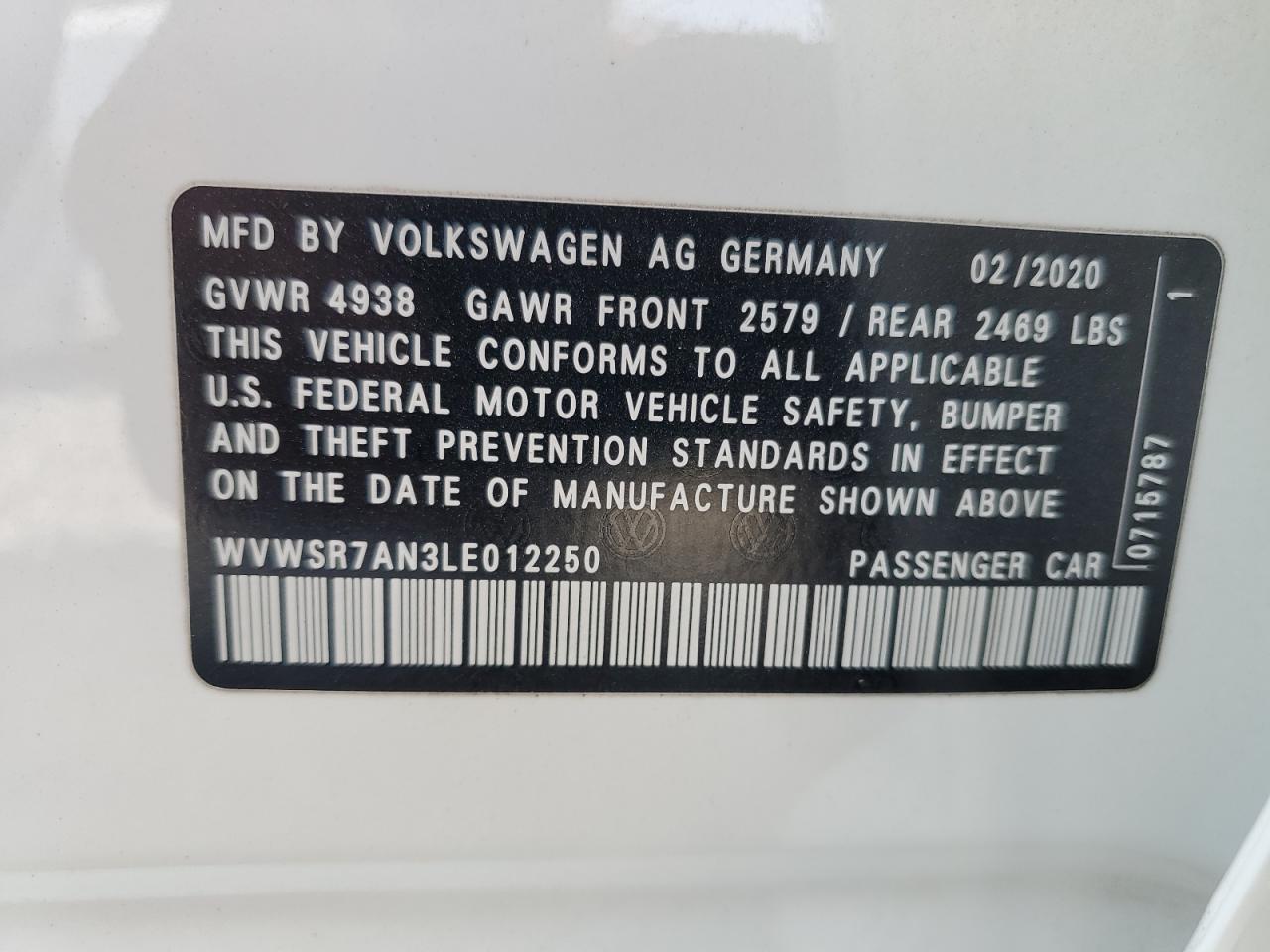 2020 Volkswagen Arteon Sel R-Line VIN: WVWSR7AN3LE012250 Lot: 64891575