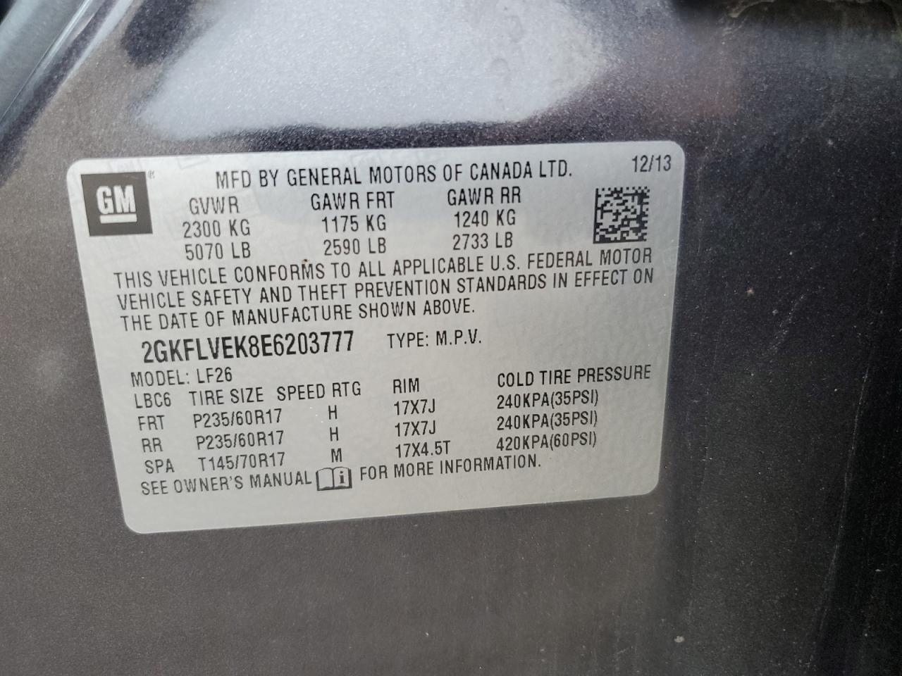 2014 GMC Terrain Sle VIN: 2GKFLVEK8E6203777 Lot: 63623675