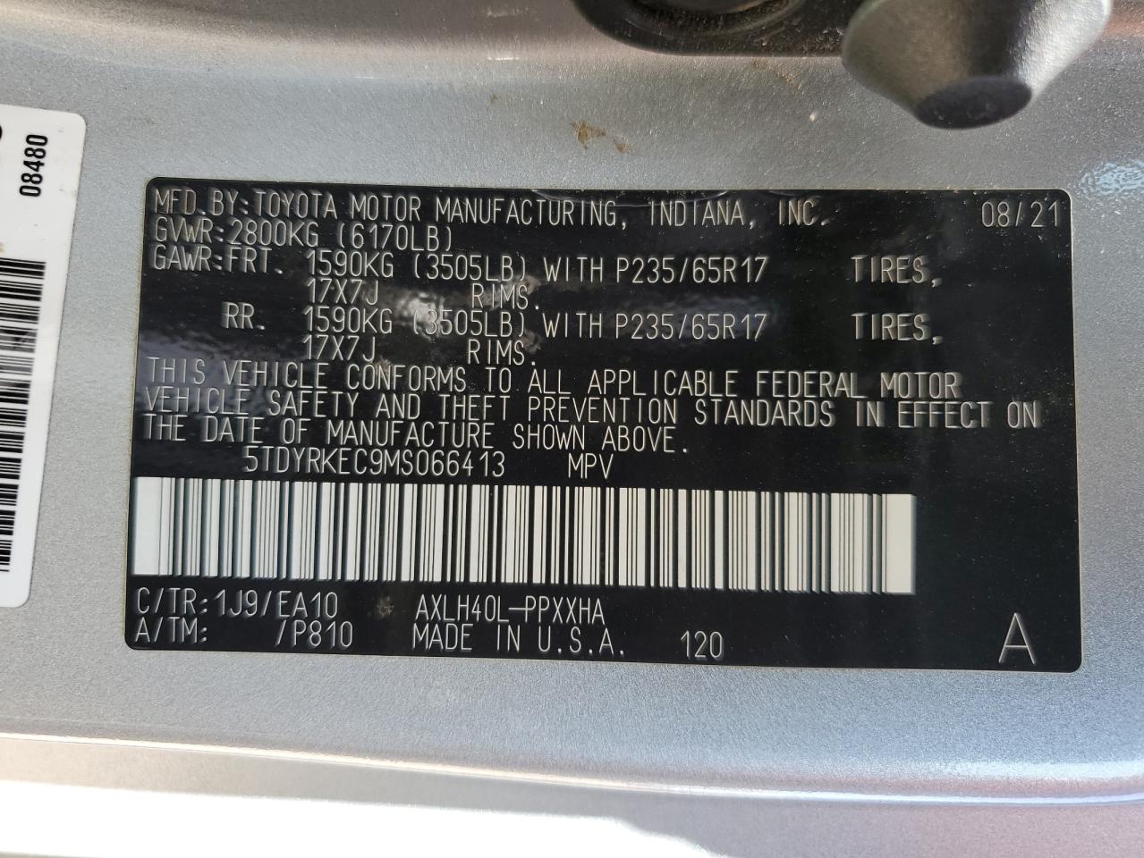 2021 Toyota Sienna Xle VIN: 5TDYRKEC9MS066413 Lot: 63692325