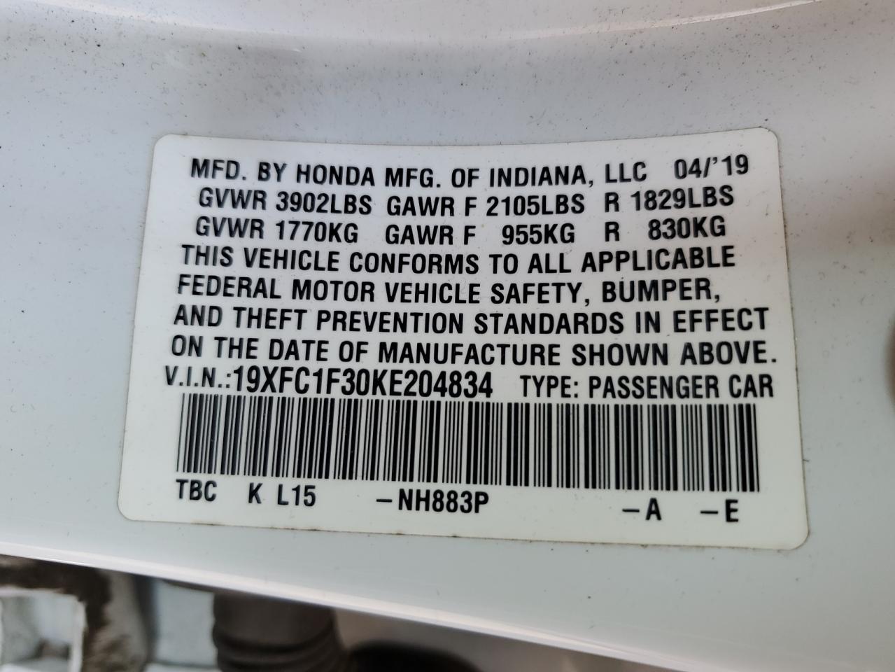 2019 Honda Civic Ex VIN: 19XFC1F30KE204834 Lot: 64011955